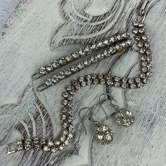 Vintage 90s Rhinestone Disco Ball Earrings Hair Barrette Clip Bracelet Party Set - Picture 2 of 5